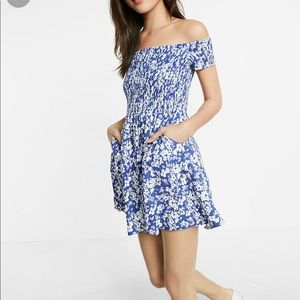 EXPRESS SMOCKED OFF SHOULDER FLORAL DRESS